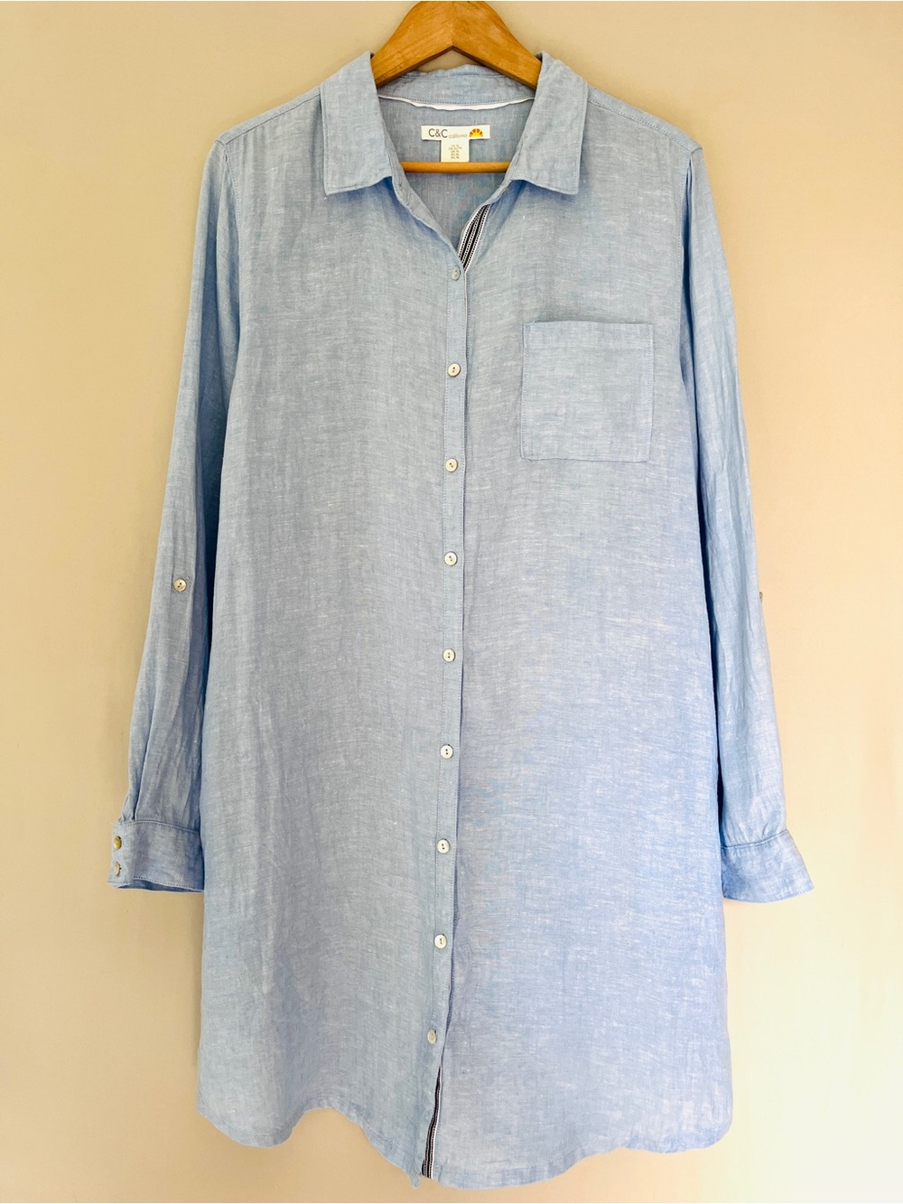 C&C California 100% Linen Blue Shirt Dress Pockets XL